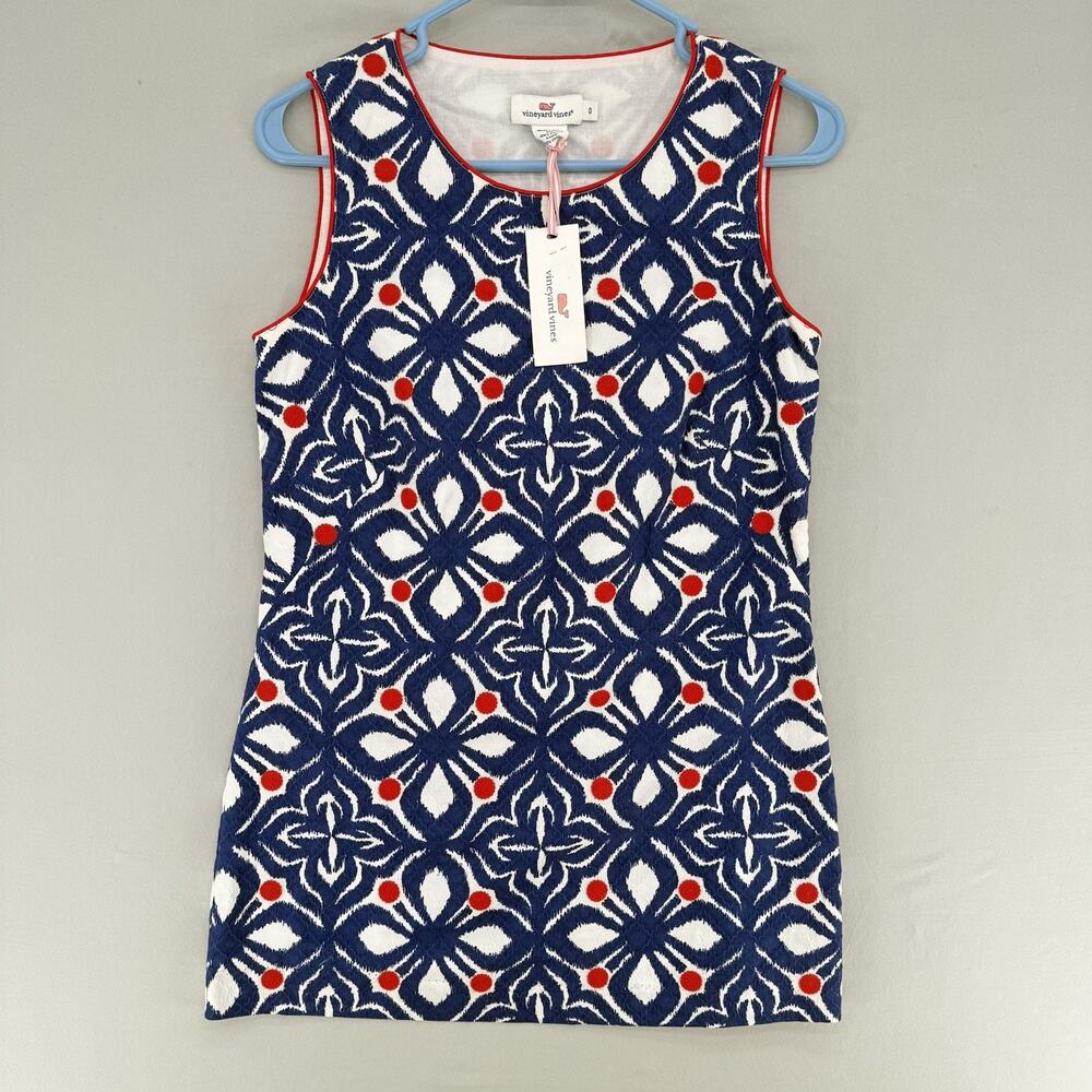 Vineyard Vines Whale Tail Tile Embroidered Sheath Dress Size 0 Red White Blue